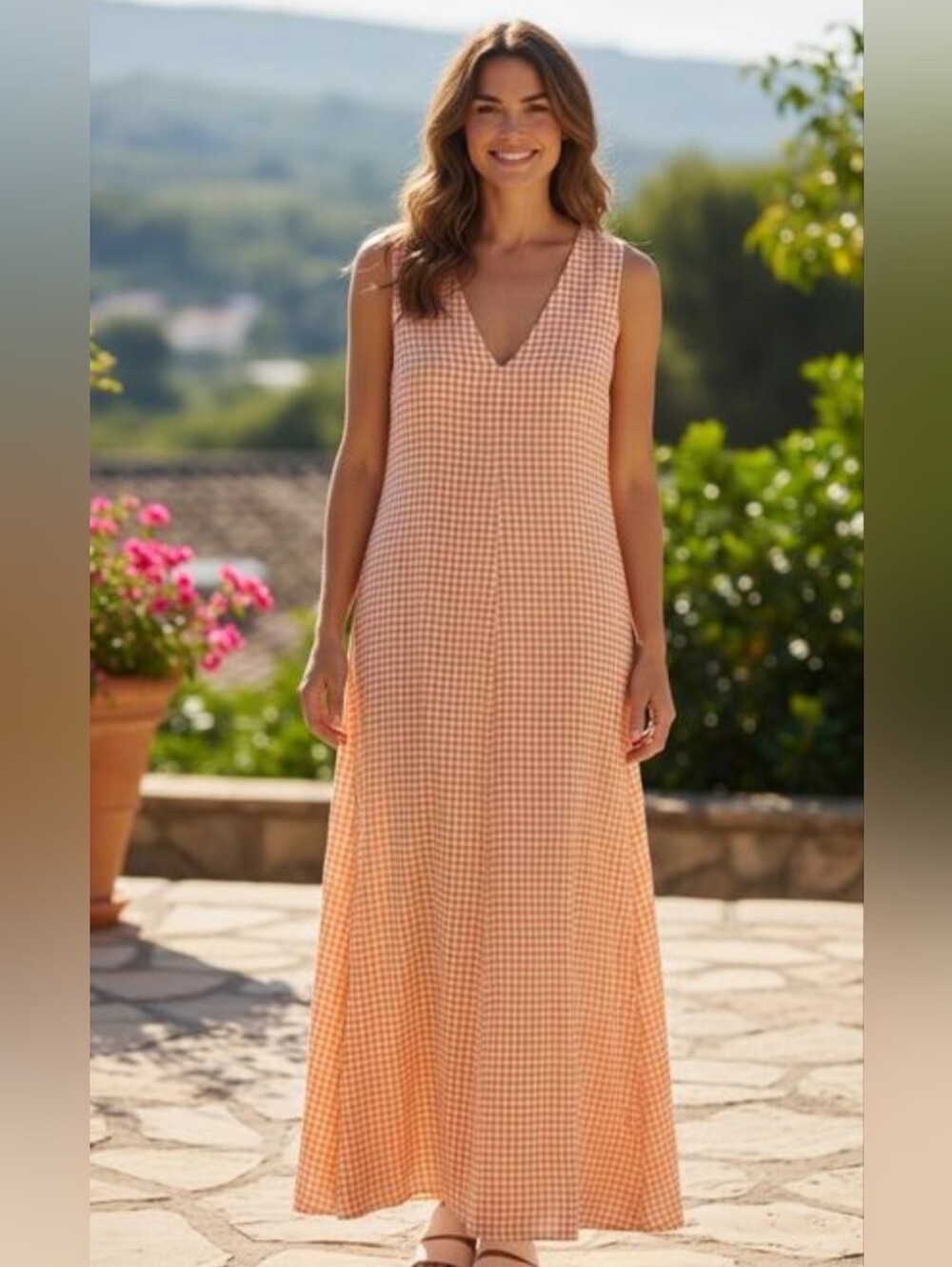 Club Monaco Peach Gingham V-Neck Maxi Dress